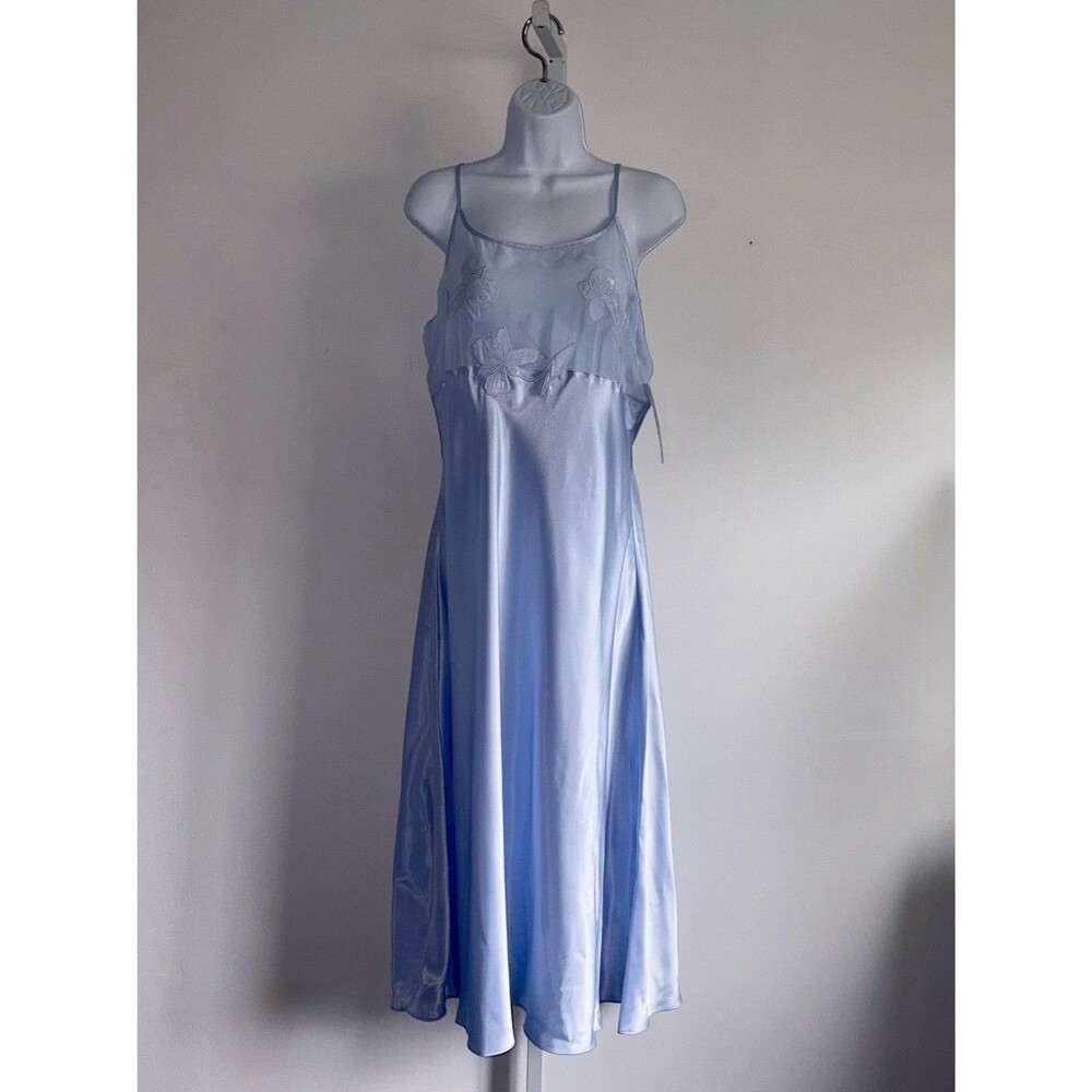 Vtg Jones New York Blue Satin Chemise Slip Dress Size Large Iris Appliqué Sheer